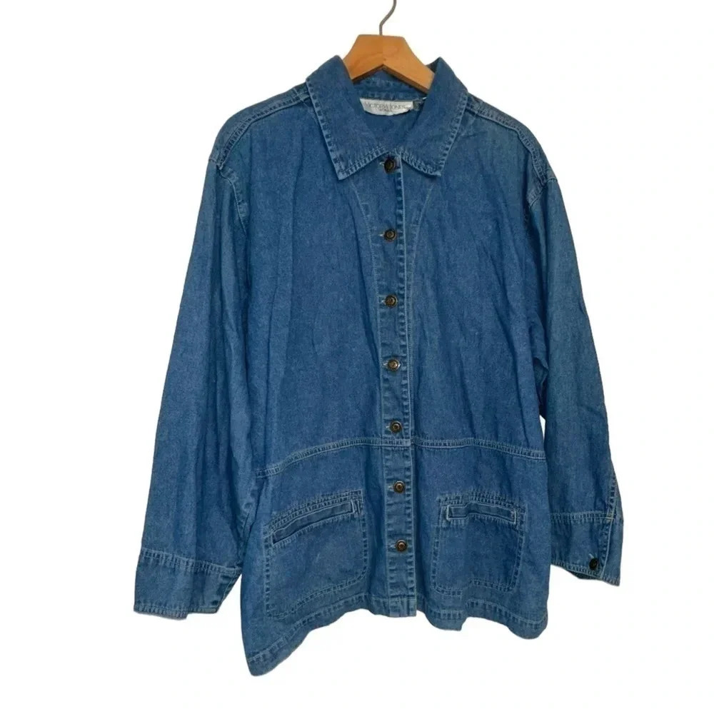 Victoria Jones Woman Denim Button Up Shirt‎ 1X Blue Long Sleeve Chore Jacket